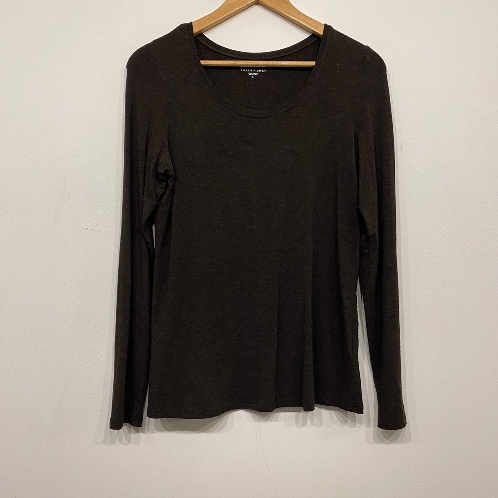 Eileen Fisher Long Sleeve Scoop Neck Top Brown Small